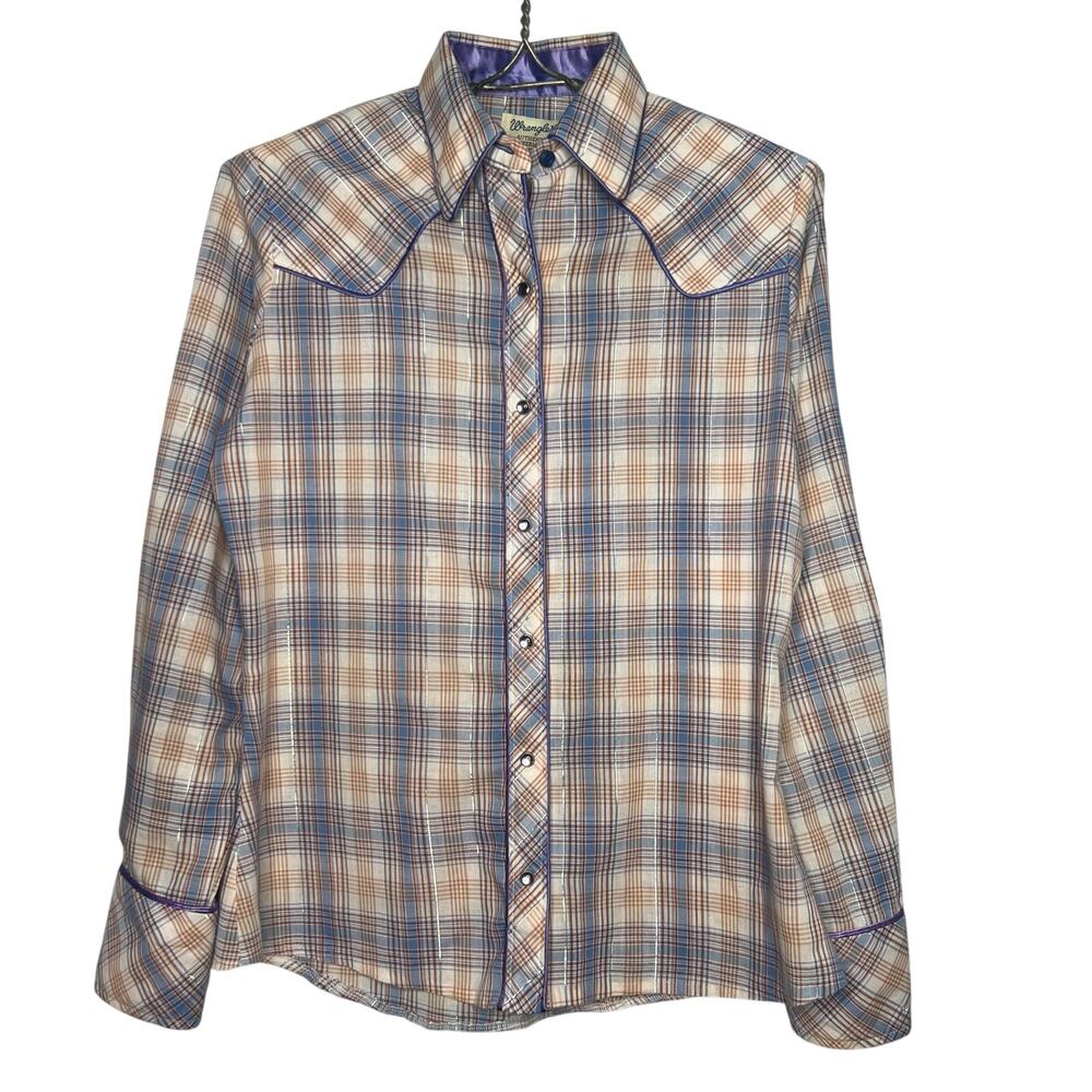 Vintage 80s Wrangler Plaid Western Shirt Sz Large Purple Satin Piping Pearl Snap